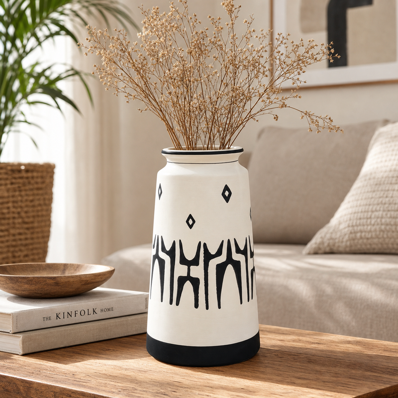 Modern Black & White Tall Decorative Vase – Abstract Hand-Painted Design