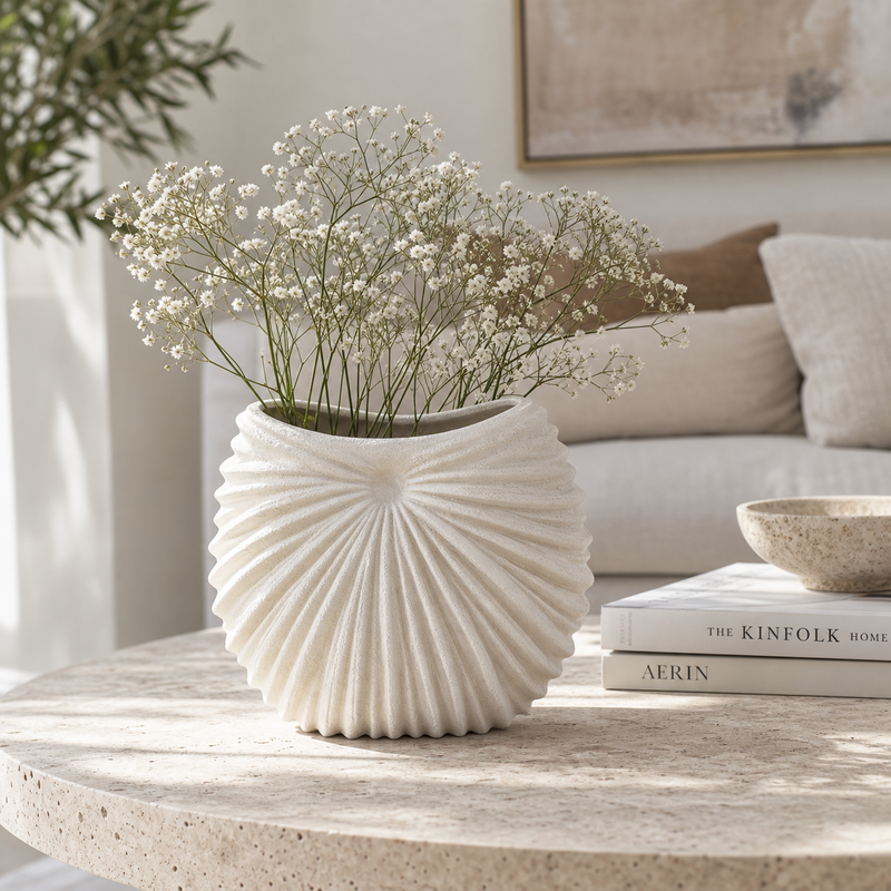 Modern Textured White Vase – Sculptural Fan Design Decorative Vase
