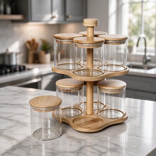 Luxury Glass Spice Carousel Rack with Airtight Wooden Lids