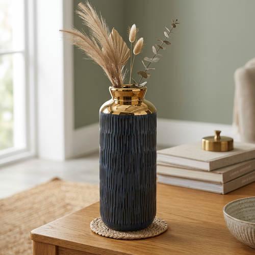 Imperial Blue & Gold Ribbed Vase