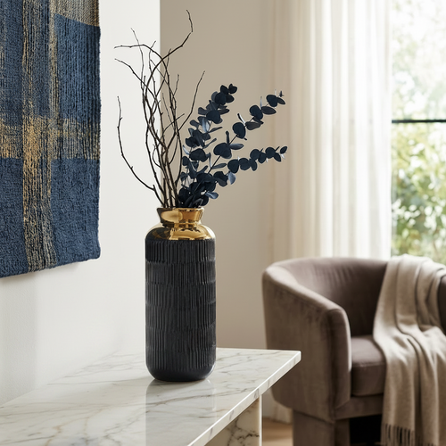 Imperial Blue & Gold Ribbed Vase