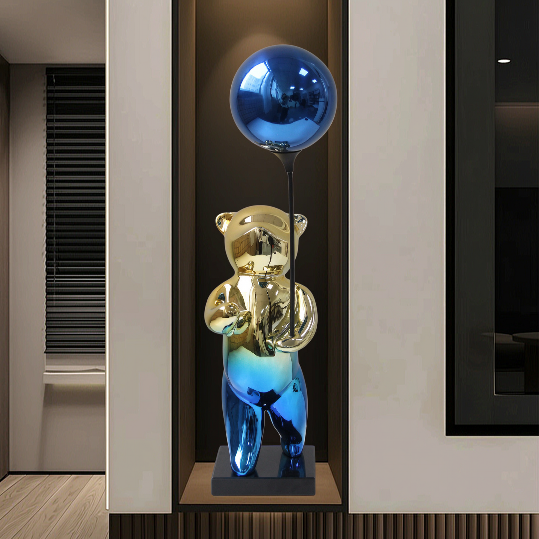 Elegant Blue & Gold Balloon Bear Statue