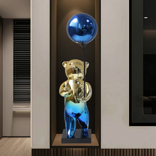 Elegant Blue & Gold Balloon Bear Statue