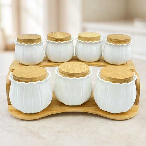 Lotus Fluted Spice & Dry Fruit Jar Set with Tiered Wooden Stand
