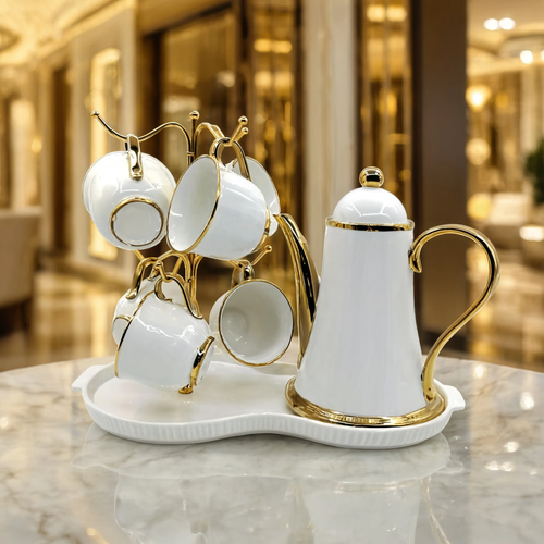 Luxury Tea & Coffee Pot Set with Gold Trim, Mug Tree & Serving Tray (Set of 8)