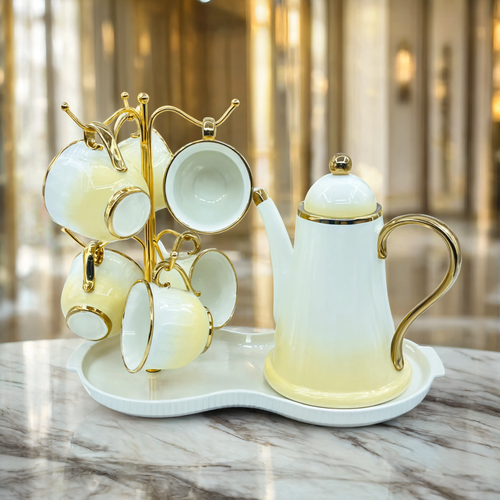 Luxury Yellow & White Teapot Set with Gold Trim, Stand & Serving Tray Set of 8