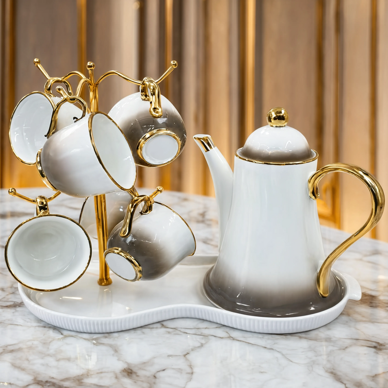 Luxury Taupe Teapot Set with Gold Trim, Stand & Serving Tray (Set of 8)