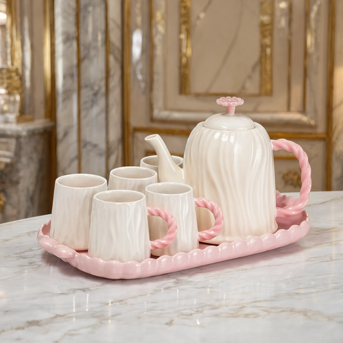 Pastel Pink & Ivory Tea Set with Twisted Handles & Tray Set of 8