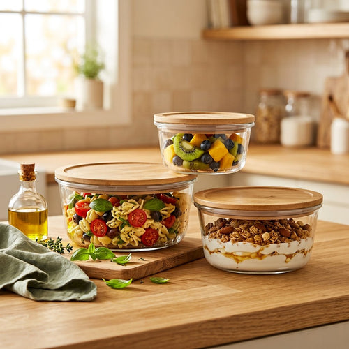 Multipurpose Kitchen Bowls with Bamboo Lids Set of 3