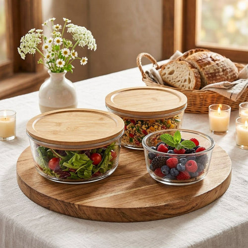 Multipurpose Kitchen Bowls with Bamboo Lids Set of 3
