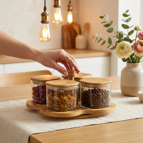 Elegant Square Glass Storage Jar Set on Rotating Wooden Tray