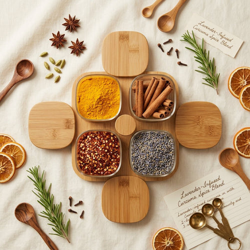 Elegant Square Glass Storage Jar Set on Rotating Wooden Tray