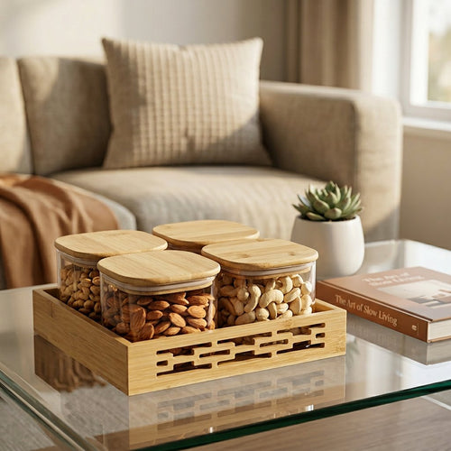 Glass Kitchen Canister Set with Bamboo Lids and Tray