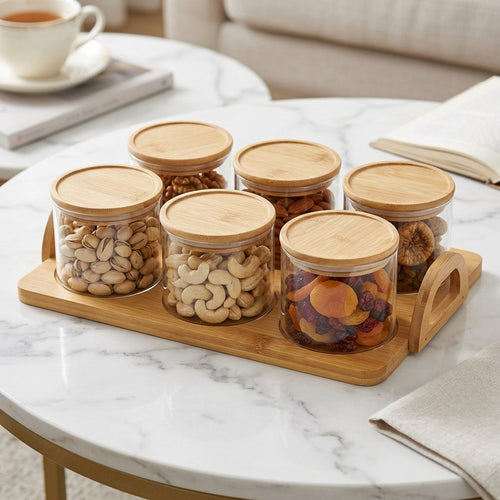 Elegant Glass Spice & Snack Server Set of 6 with Tray