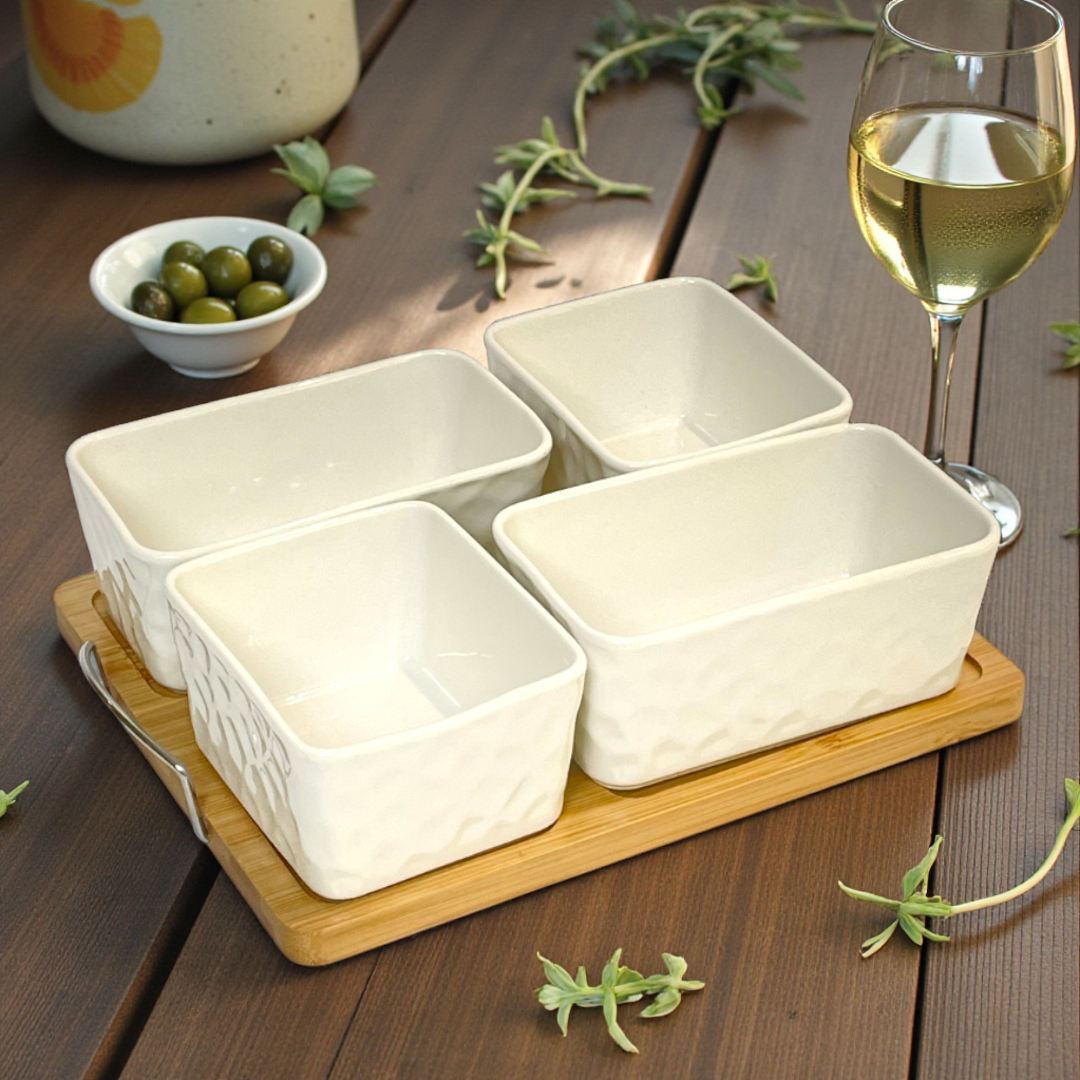 4-Piece Ceramic Dip Bowls & Serving Tray Set