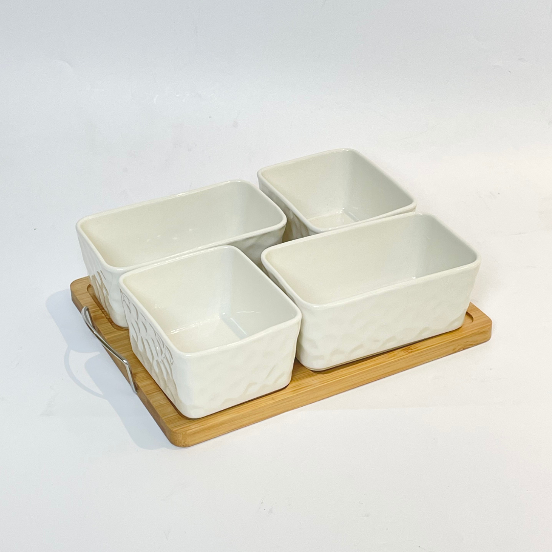 4-Piece Ceramic Dip Bowls & Serving Tray Set