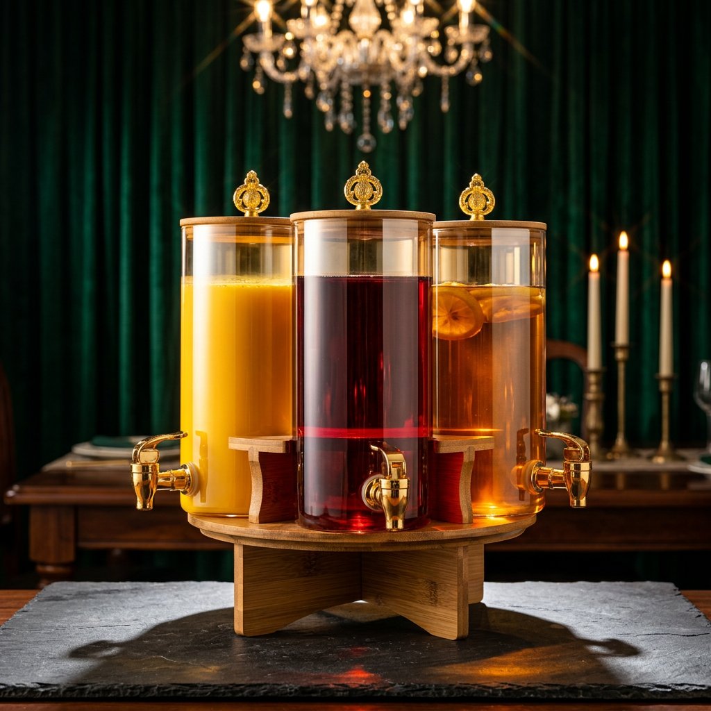 Amber Glass Beverage Dispenser Set on Wooden Stand