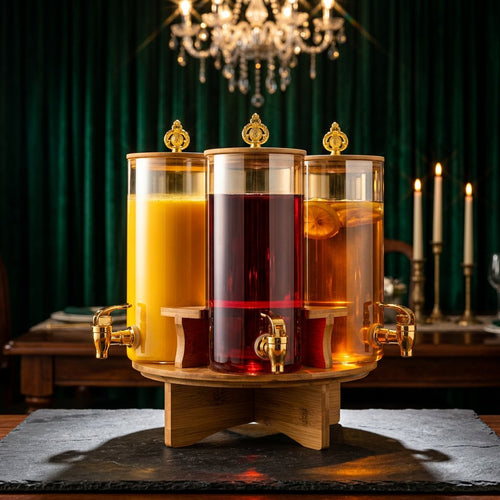 Amber Glass Beverage Dispenser Set on Wooden Stand