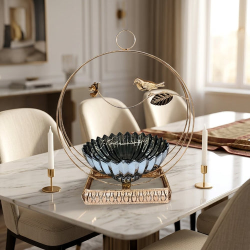 Decorative Glass Bowl with Gold Bird Hoop Stand