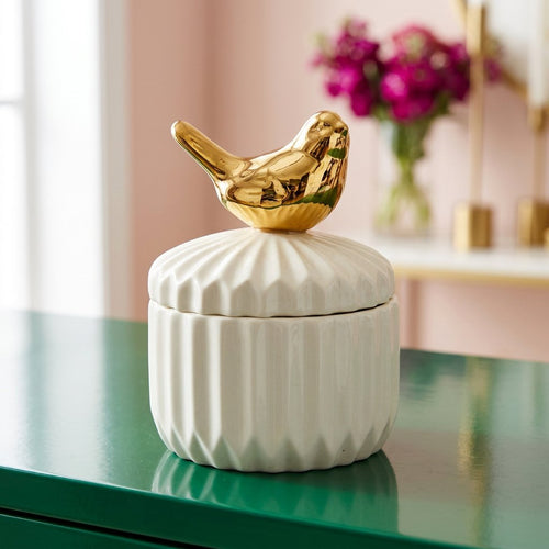 Tabletop Storage Jar with Gold Bird Accent