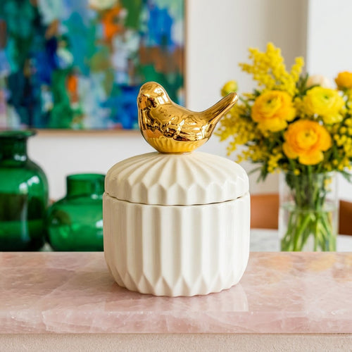 Tabletop Storage Jar with Gold Bird Accent