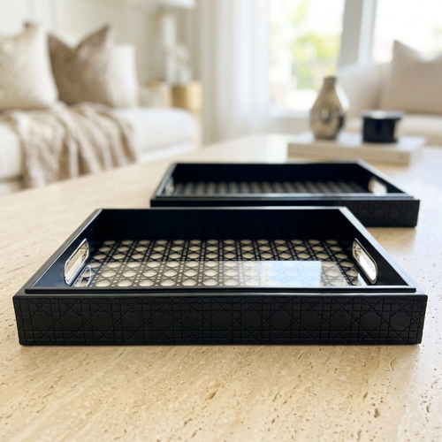 Luxury Black & Rattan Pattern Serving Trays Set of 2