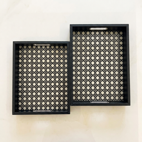 Luxury Black & Rattan Pattern Serving Trays Set of 2