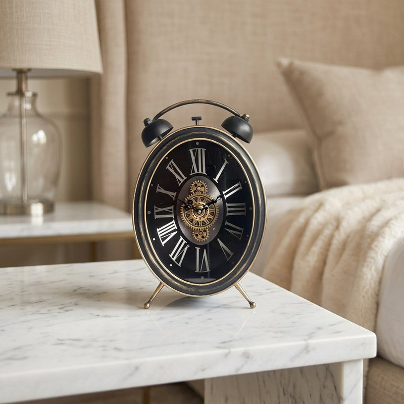 Retro Twin Bell Oval Clock with Exposed Gears
