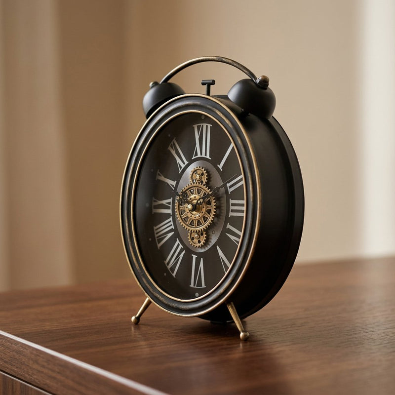 Retro Twin Bell Oval Clock with Exposed Gears