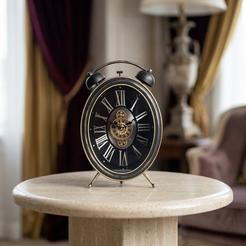 Retro Twin Bell Oval Clock with Exposed Gears