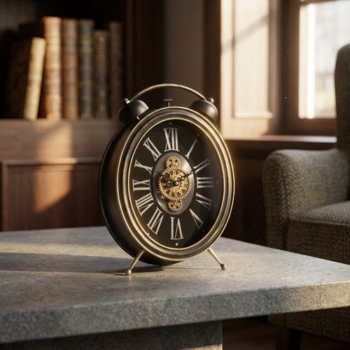 Retro Twin Bell Oval Clock with Exposed Gears