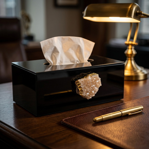 Black Glass Tissue Box Cover with Natural Quartz Crystal