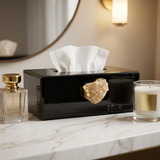 Black Glass Tissue Box Cover with Natural Quartz Crystal
