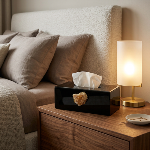 Black Glass Tissue Box Cover with Natural Quartz Crystal