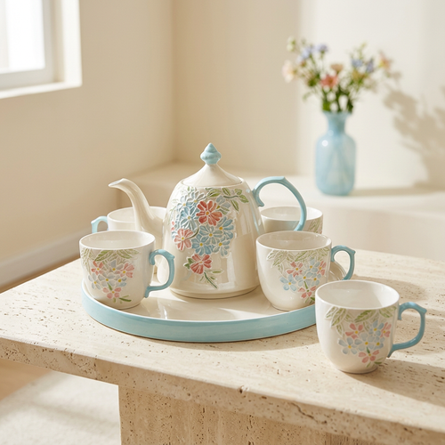 3D Sky Blue Floral Teapot & Cup Set with Round Tray