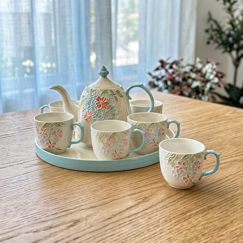 3D Sky Blue Floral Teapot & Cup Set with Round Tray