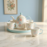 3D Sky Blue Floral Teapot & Cup Set with Round Tray