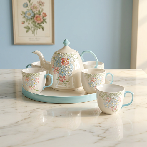3D Sky Blue Floral Teapot & Cup Set with Round Tray