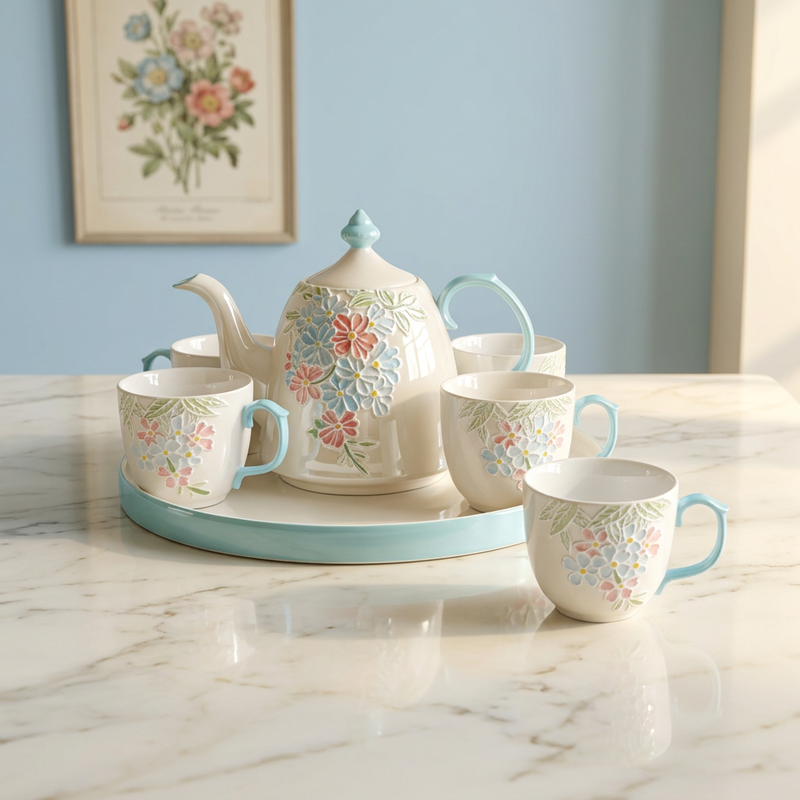 3D Sky Blue Floral Teapot & Cup Set with Round Tray