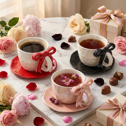 3D Ribbon Bow Ceramic Cup & Wavy Saucer Set