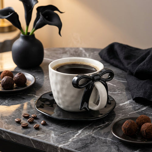 3D Ribbon Bow Ceramic Cup & Wavy Saucer Set