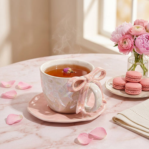 3D Ribbon Bow Ceramic Cup & Wavy Saucer Set