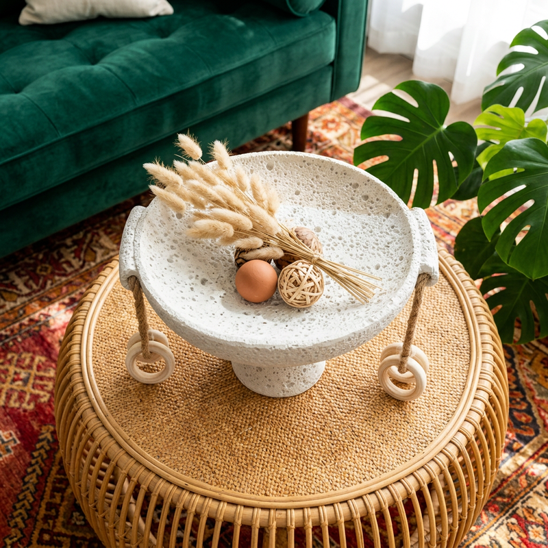 Elegant Volcanic Bowl with Wooden Ring Accents