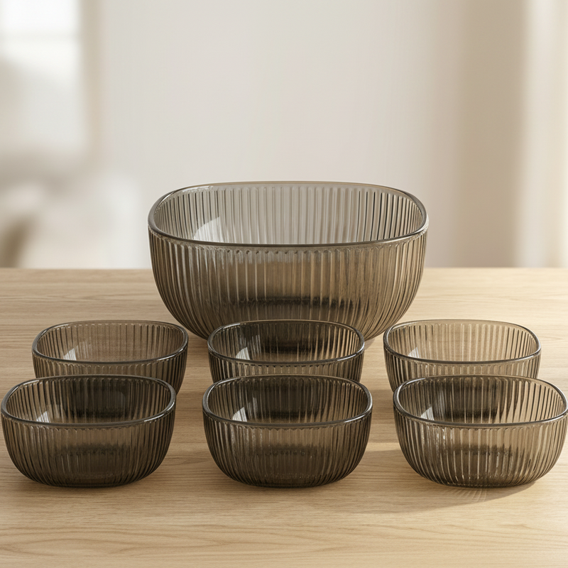 Smoky Fluted Glass Serving Bowl Set