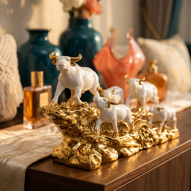 Regal White & Gold Bull Family Herd Sculpture