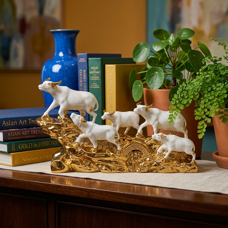 Regal White & Gold Bull Family Herd Sculpture