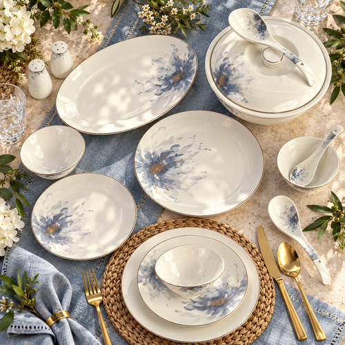 Azure Blossom & Gold Soft Blue Floral Fine Dinner Set 39 Pcs
