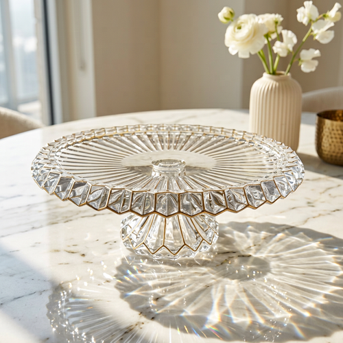 Elegant Scalloped Glass Cake Stand with Gold Trim