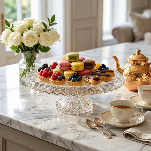 Elegant Scalloped Glass Cake Stand with Gold Trim