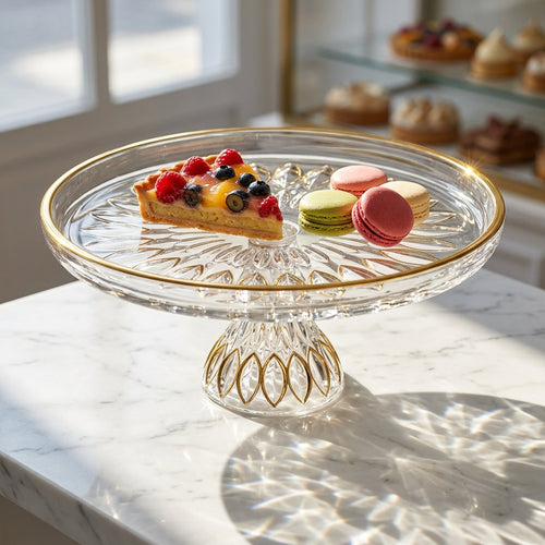 Elegant Gold Bordered Glass Pedestal Cake Stand